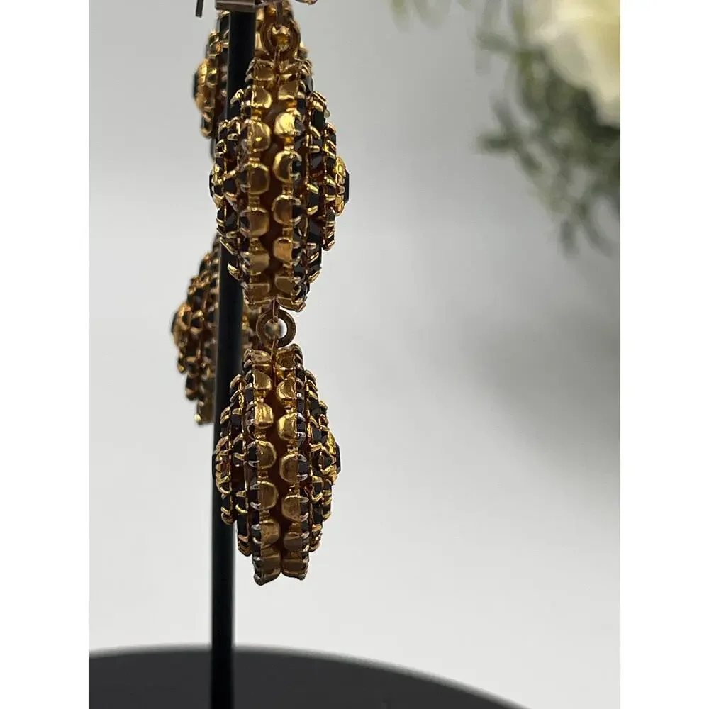 Mistar Bijoux Deadstock 3D Puff‎ Three Drop Dangle Crystal Gold Clip on Earrings